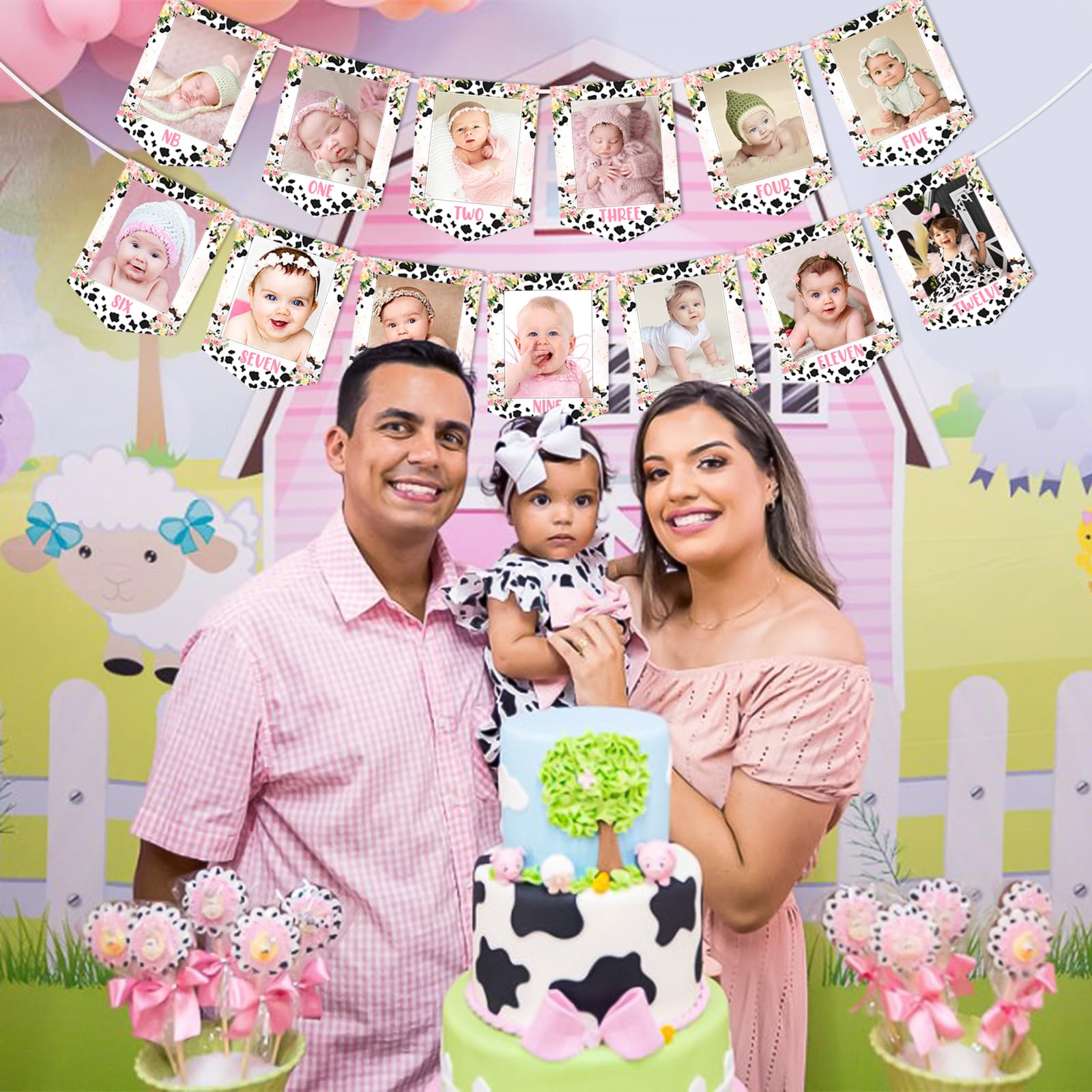 Confezione da 6 striscioni con stampa di mucche, rosa e nero, per feste a tema cowboy occidentale, decorazione per feste a tema baby shower, feste a tema animale, decorazioni per feste a