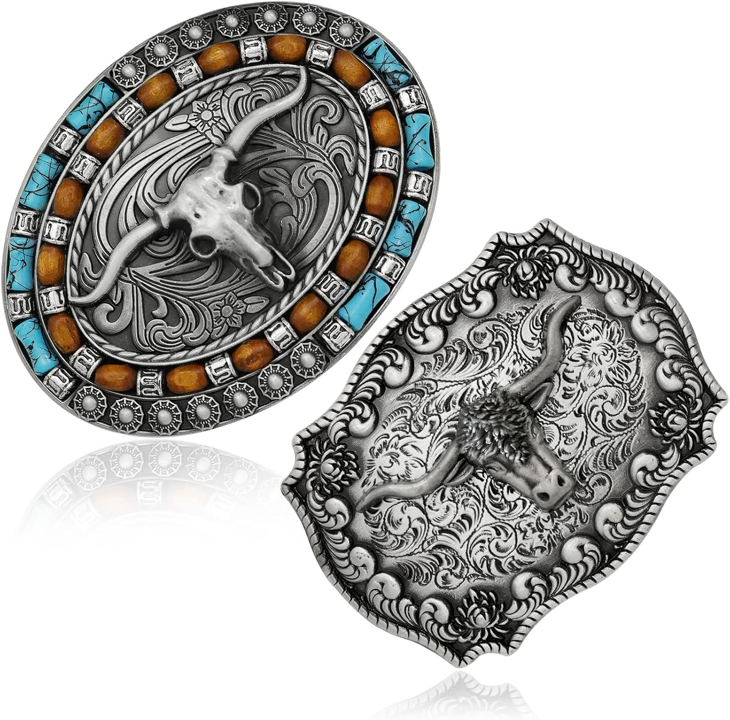 RechicGu 2 Pieces Turquoise Long Horn Bull Belt Buckles Vintage Western Cowboy Belt Buckle for Men Women, 2 Styles