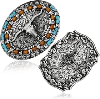RechicGu 2 Pieces Turquoise Long Horn Bull Belt Buckles Vintage Western Cowboy Belt Buckle