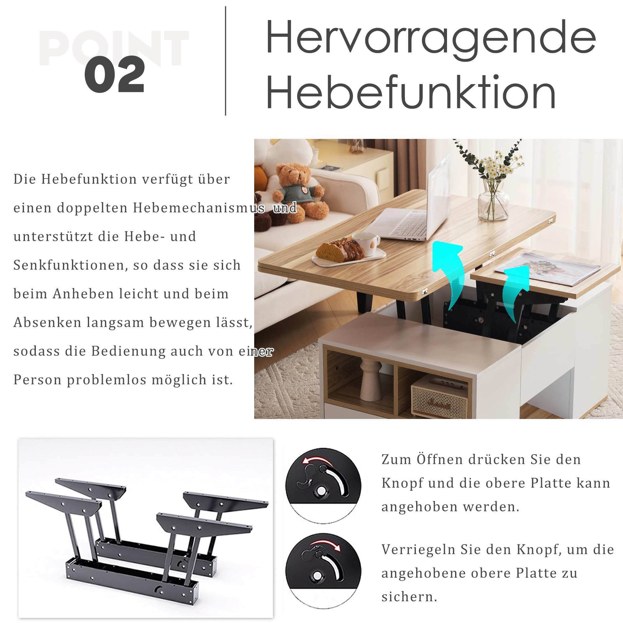 BTM Table Basse Relevable Multifonction, Plateau Devient 2, Blanc + Teinte Bois Originale, Grande Capacité, Mobilier Moderne, Bureau-Salle à Manger