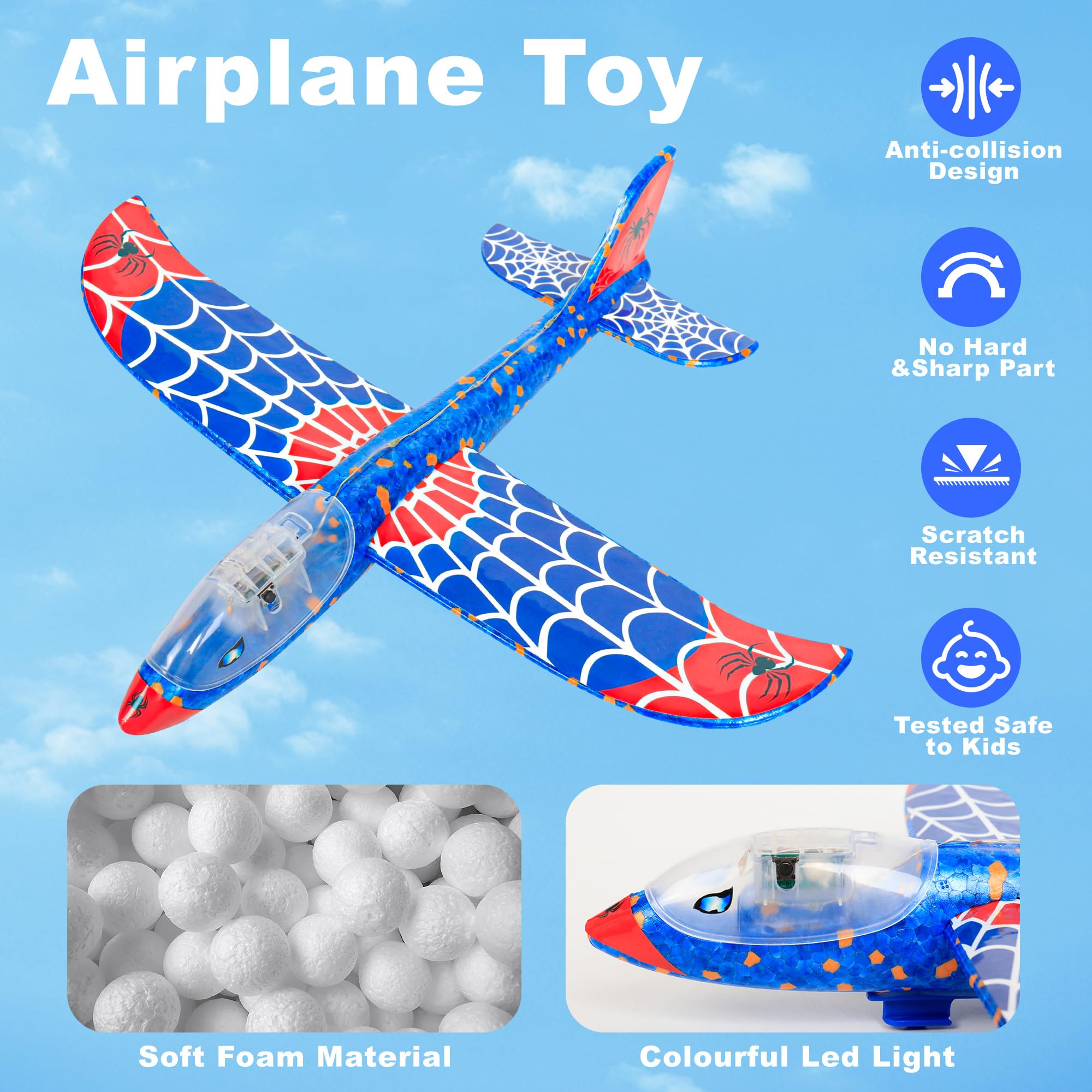 3 Pack Airplane Launcher Toys for Kids, Spider Foam Gliders Catapult Planes with Led, 2 Flight Modes Old Boys Girls Outdoor Flying Toy Outside Sport Birthday Gifts