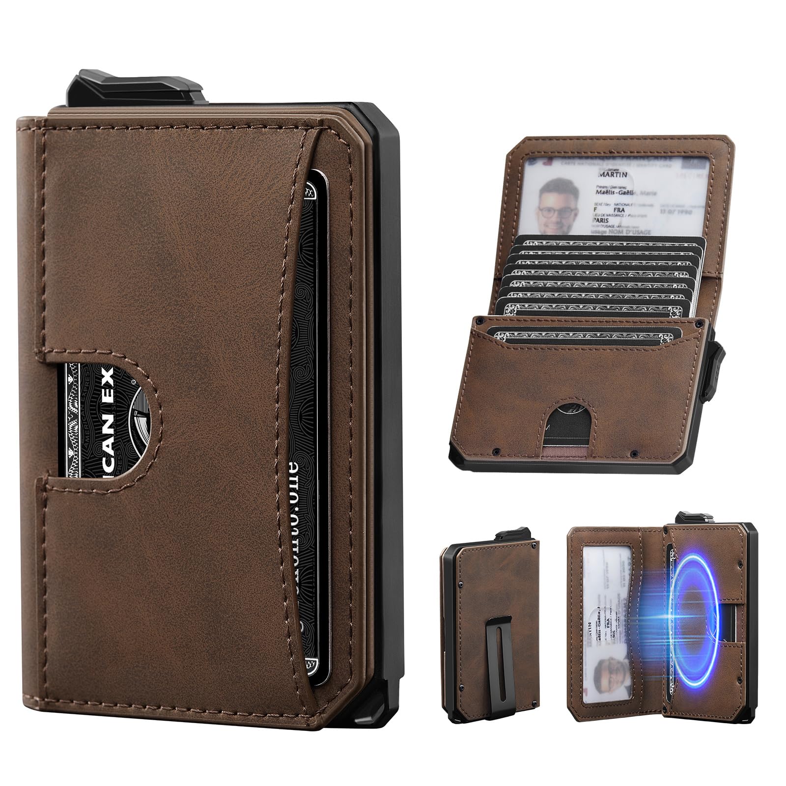 MYSHION Geldbörse Herren Bifold mit Geldclip, Slim Wallet mit RFID-Schutz, Pop-Up Portmonee Kartenetui Herren, Smart Kreditkartenetui für bis zu 12 Karten (Braun)