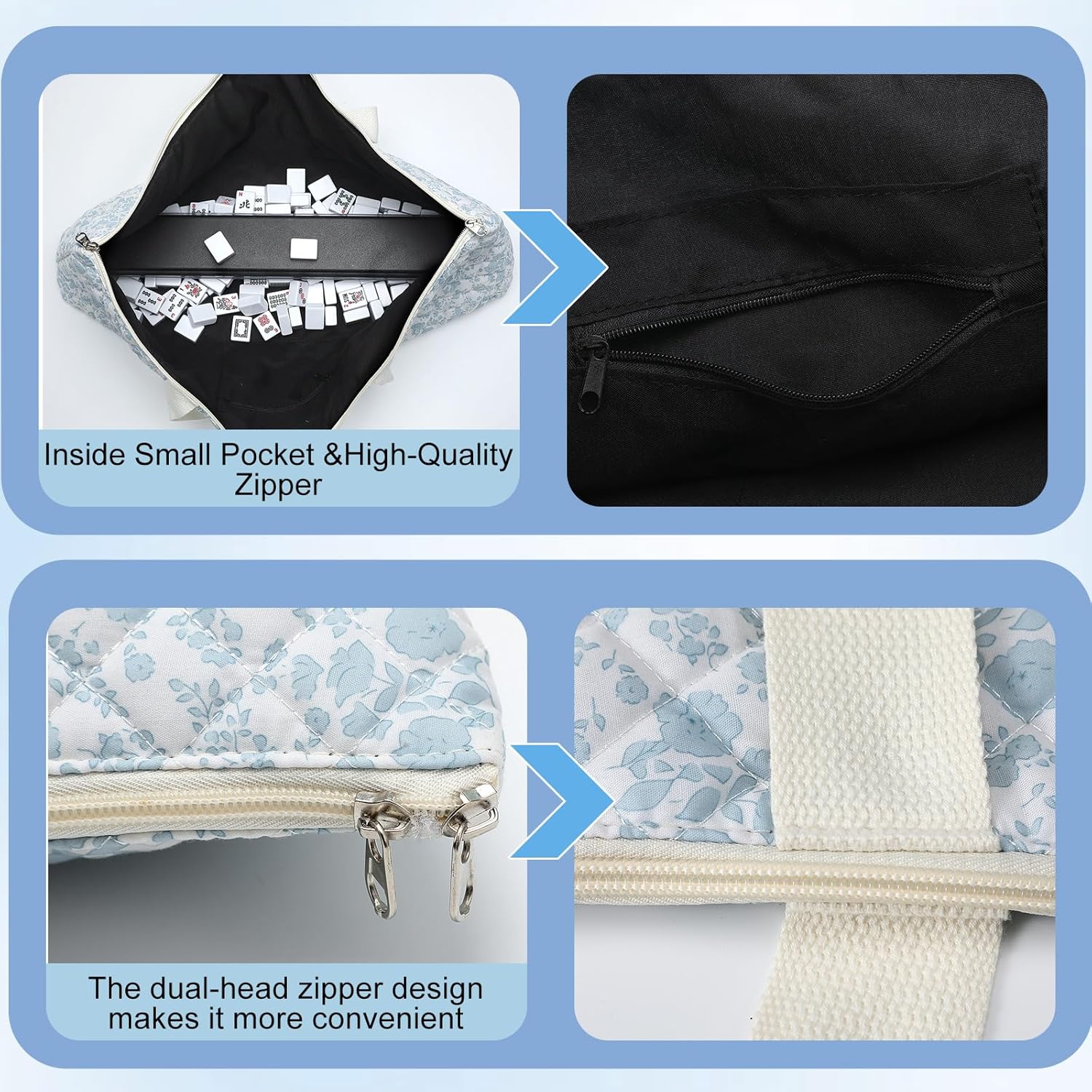 Empty Mahjong Bag 21.6 x 9.8 x 3.2 Inches Thickened Quilted Blue Printed Floral Carrying Bag Portable American Tiles Bags for Mahjong Lover Gift(Floral,Light Blue)