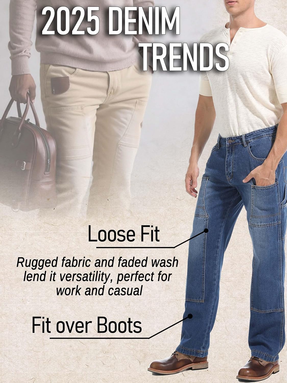 Mens Carpenter Jeans Double Knee Denim Cargo Pants Relaxed Fit - Image 5