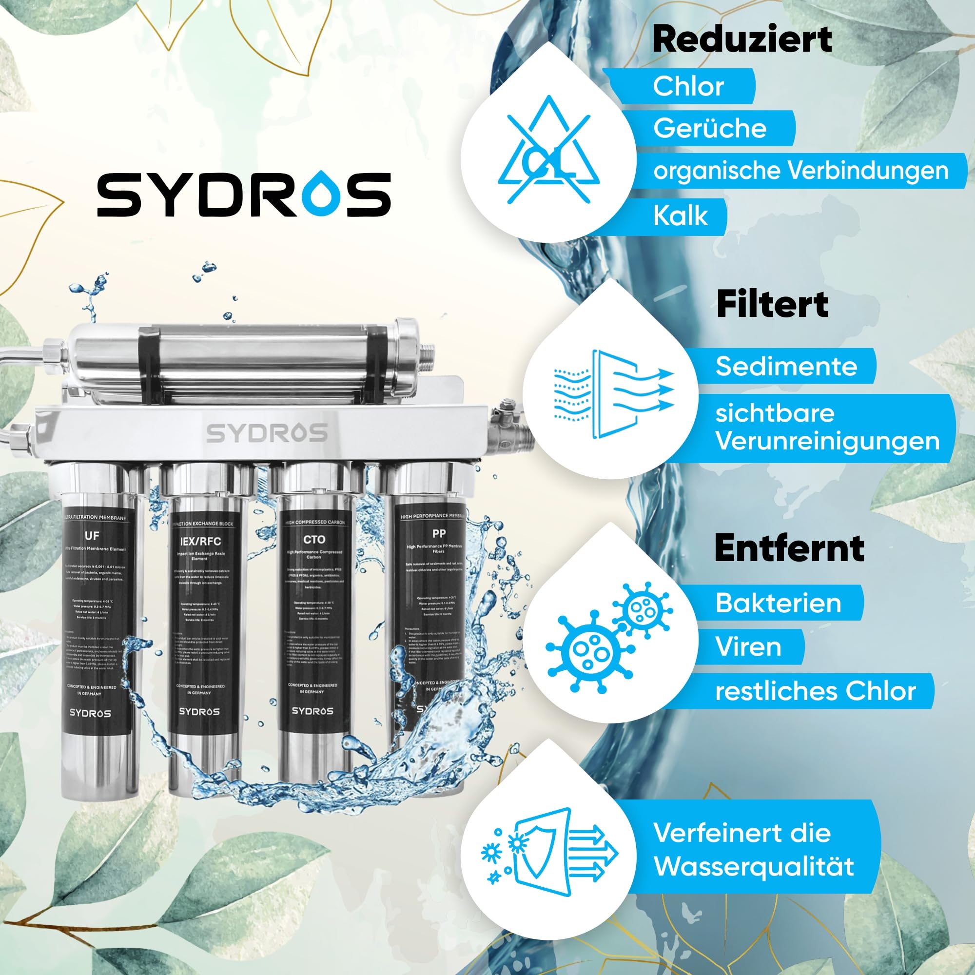 Sydros Optimus 6-Stufen-Wasserfilter filtert zu 99% Nanoplastik & PFAS, reduziert Kalk Chlor & 500+ Schadstoffe Schwermetall Reduktion Chemiefrei Edelstahl Wartungsarm