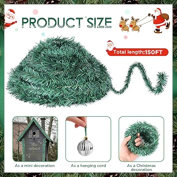 150 Ft Christmas Miniature Artificial Pine Garlands Mini Green Pine Greenery Roping Garlands Miniature Thin Wired Stems Ties for Xmas DIY Crafts Holiday Season Outdoor Indoor Party Decorations