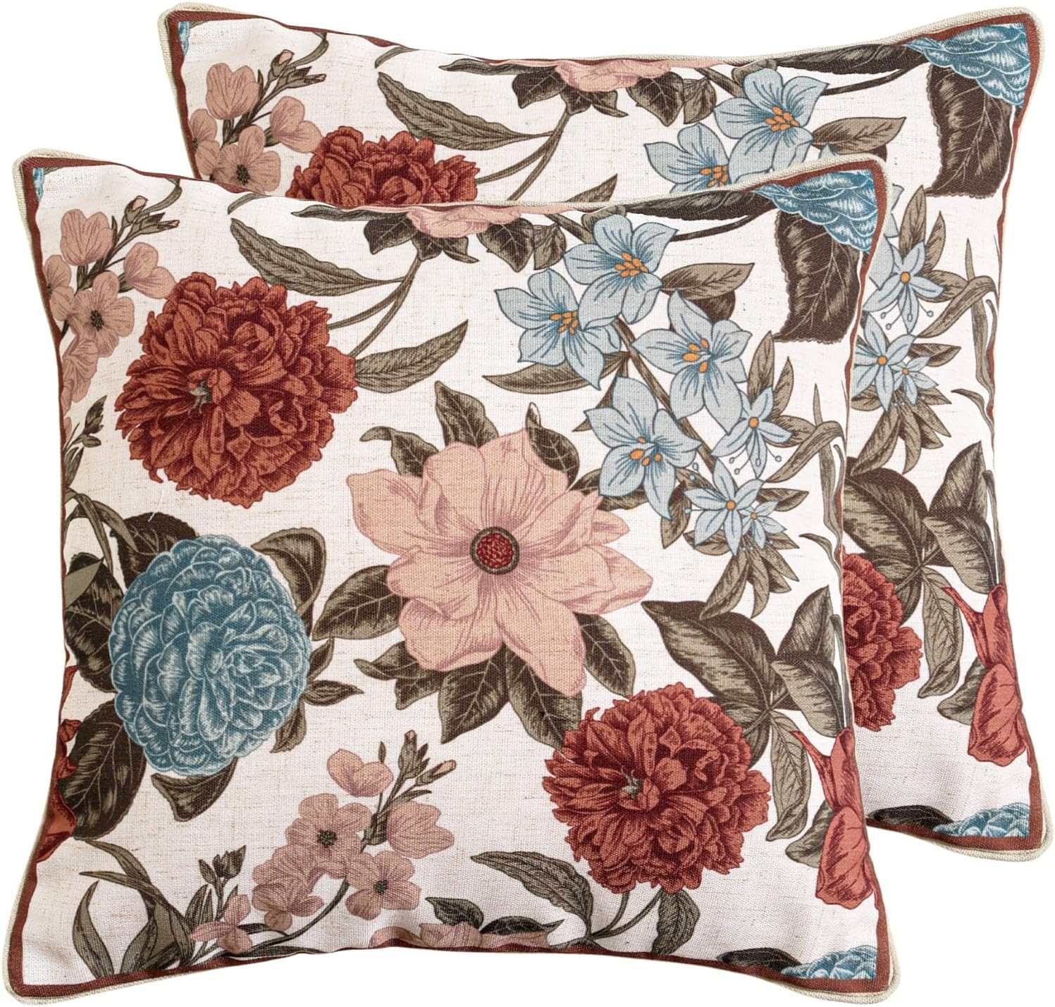 Vintage Floral Pillow Cover 18×18 Inches Set of 2,Small Square Linen Pillowcase with Zipper,Fall Pillow Covers Decorative for Home,Couch,Christmas,Thanksgiving,Living Home-Burgundyred