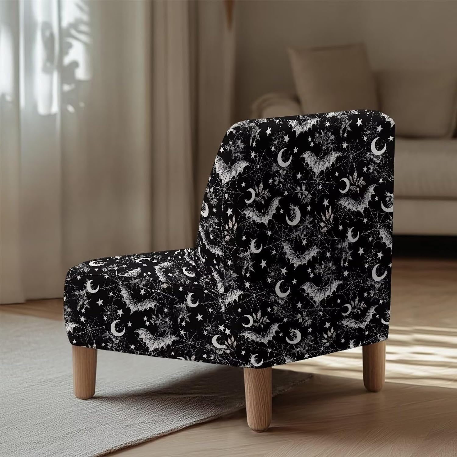 Halloween Armless Accent Slipper Chair Cover Halloween Bat Print Scratch Resistant Slipper Chair Slipcover Removable Anti-Slip Slipcover for Living Dining Room Hotel Holiday Decor