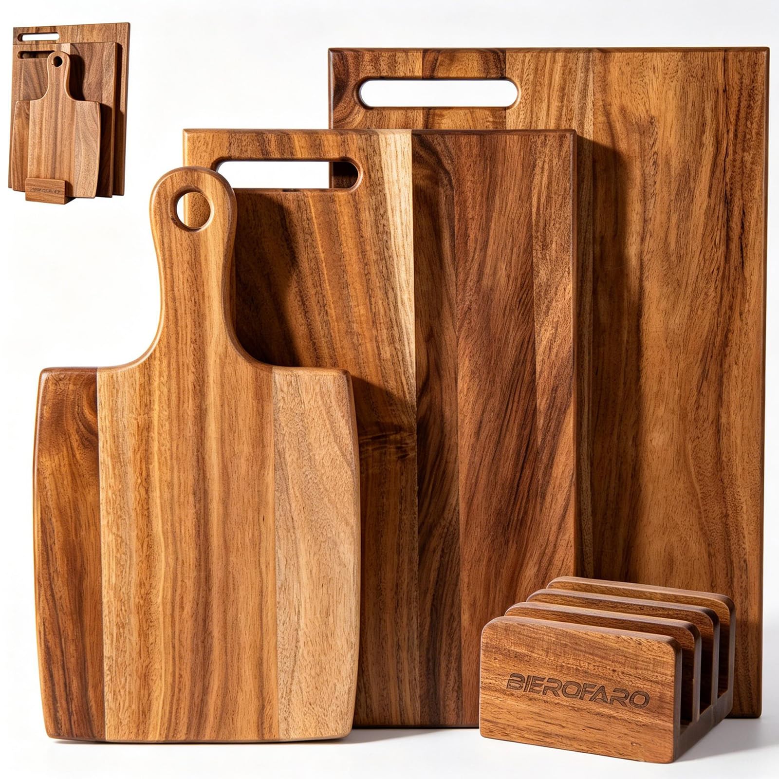 Bierofaro Acacia Wood Cutting Board Set of 3 with Stand