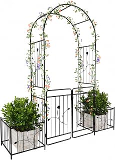 Relaxdays Rosenbogen Metall, Rundbogen mit Tor & 2 Pflanzkästen, HBT: 220x202x50 cm, Rankbogen Garten, Rosentor, schwarz