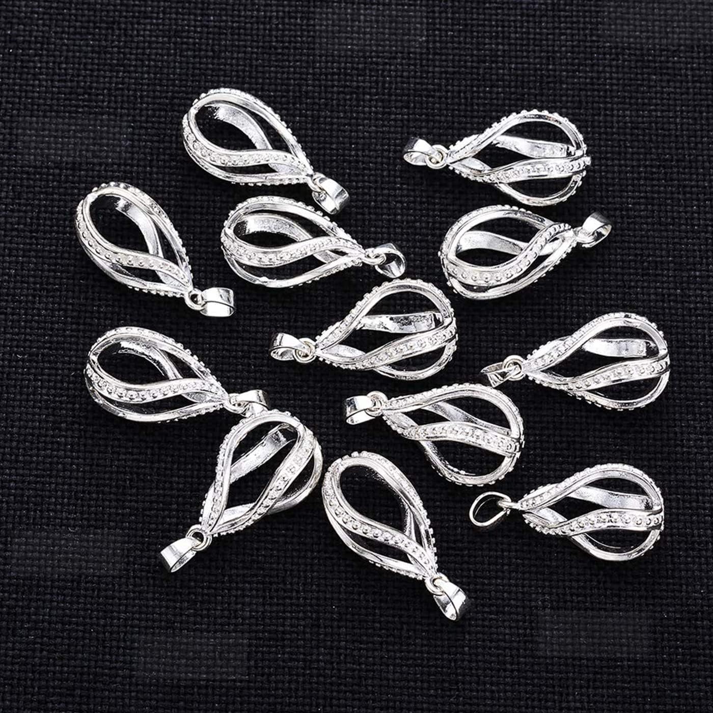 12pcs Silver Plated Pearl Bead Cage Water Drop Spiral Locket Pendants Essential Oil Diffuser Necklace Bracelet DIY Charms Jewelry Making With Lava Stone