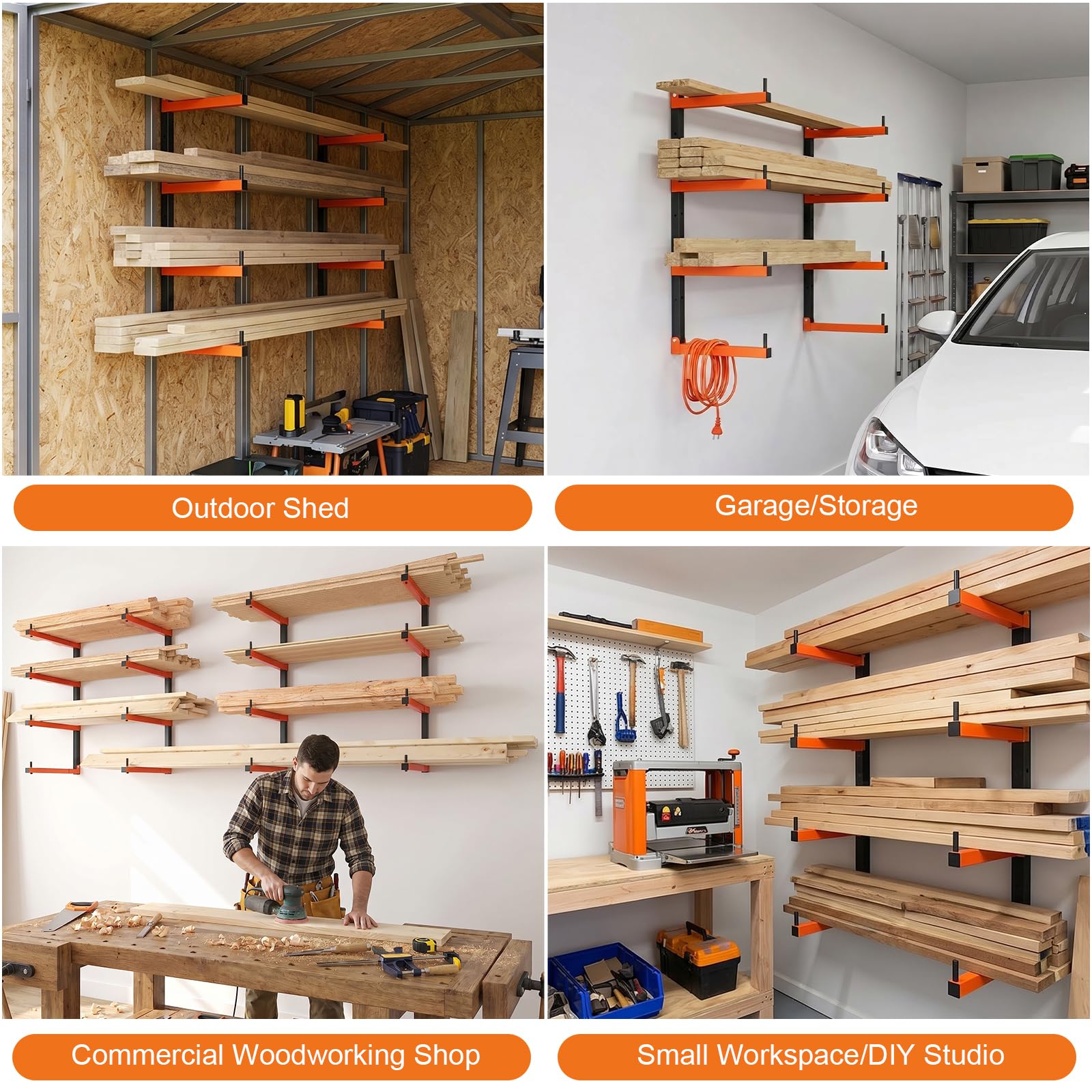 Housolution 4-stufiges Holzlagerregal – 4Pack hält bis zu 520 Pfund,mit verstellbaren Armen, robustes Metallregal 32"/83 cm Holzlagerregal Wandmontage für Garage,Holzwerkstatt, Innen- und Außenbereich