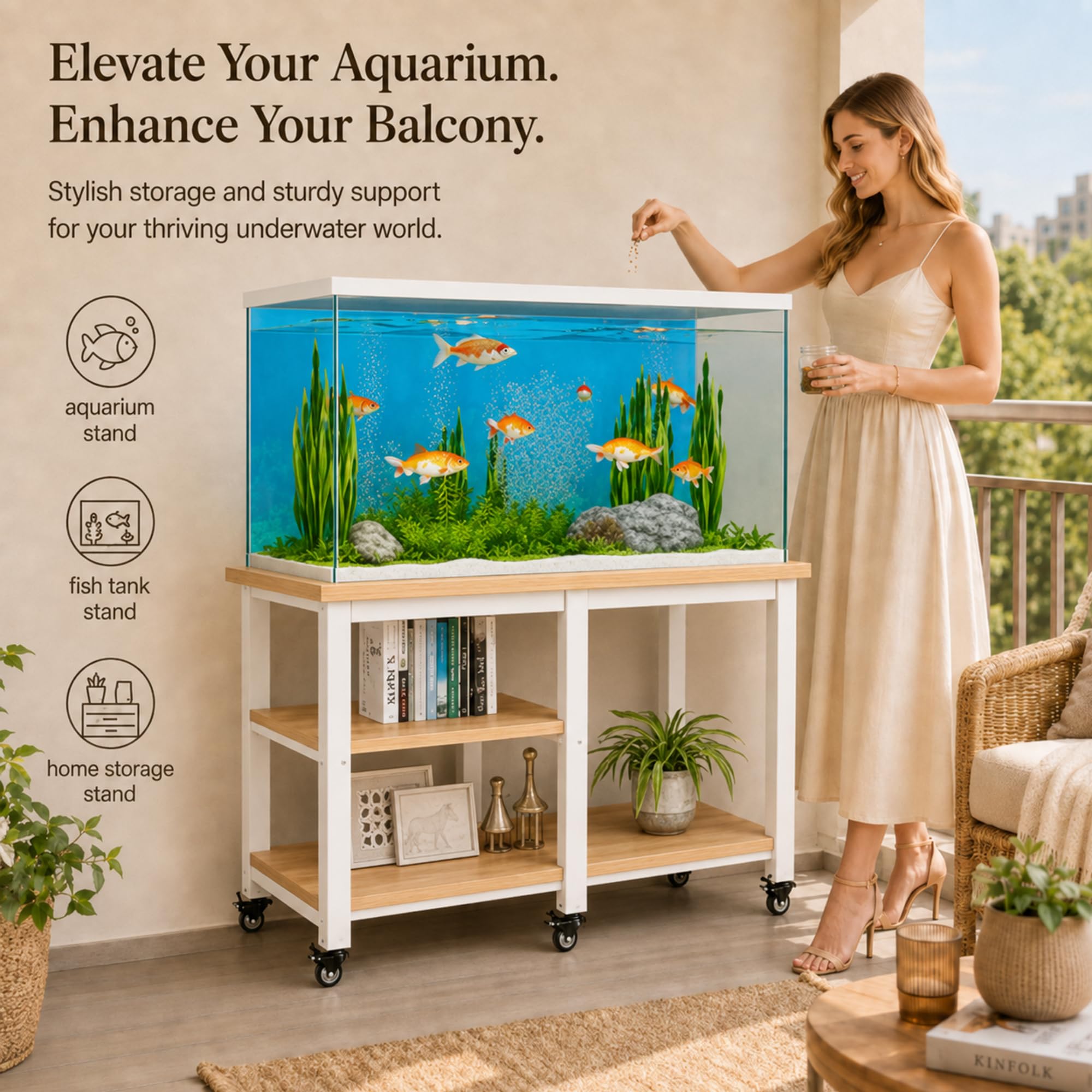 Supporto Acquario con Ripiani, 300 kg, Mobile Acquario con 6 Ruote