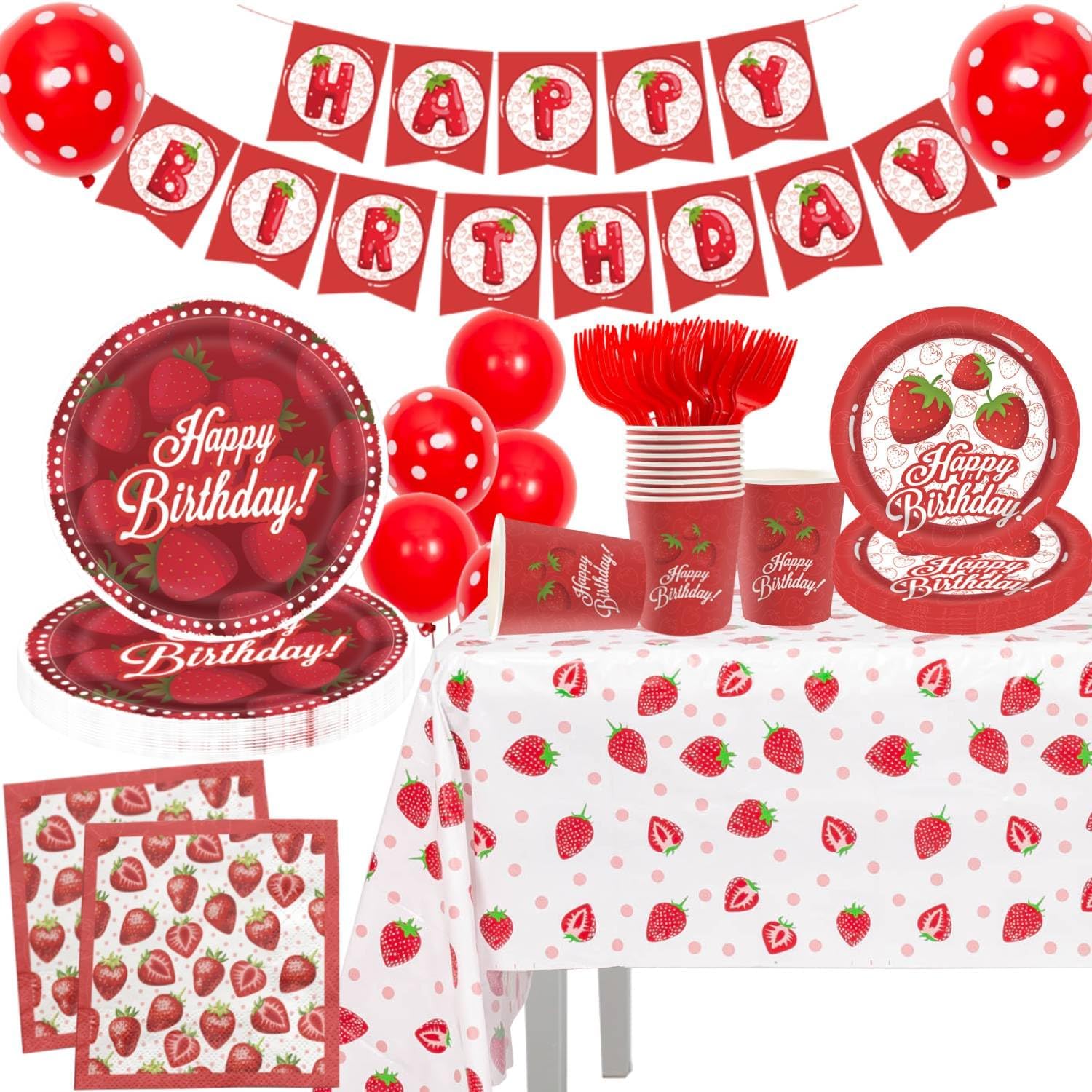 Strawberry Party Decorations Strawberry Themed Birthday Tableware Disposable Plate, Tablecloth Strawberry Baby Shower, Sweet One Birthday Party for Berry First Birthday Party Supplies Serve 24