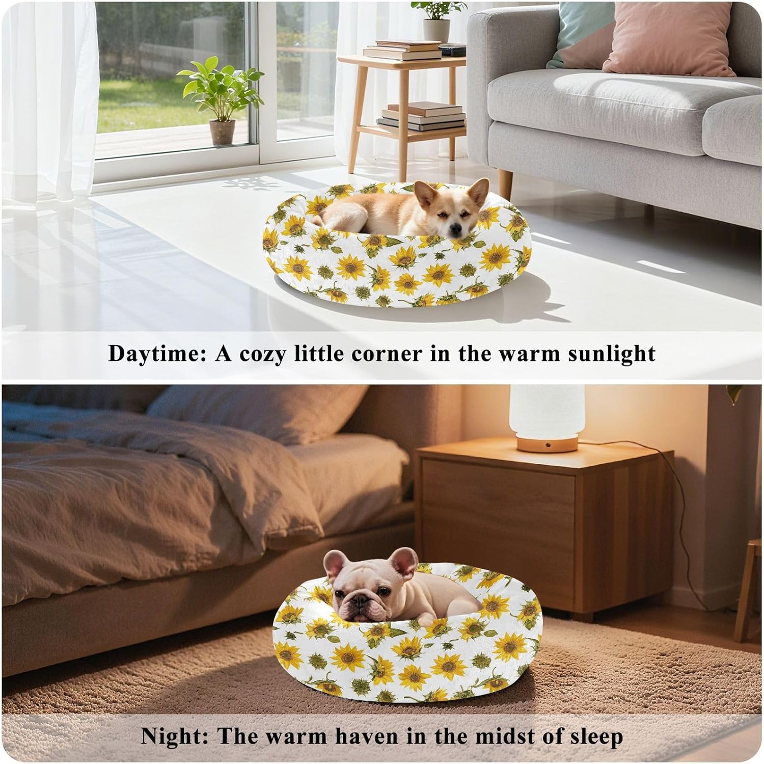 Pet Dog Beds Anxiety Relief Fluffy Cat Pillow Bed for Small Size Pets Supplies M Art Sunflower White