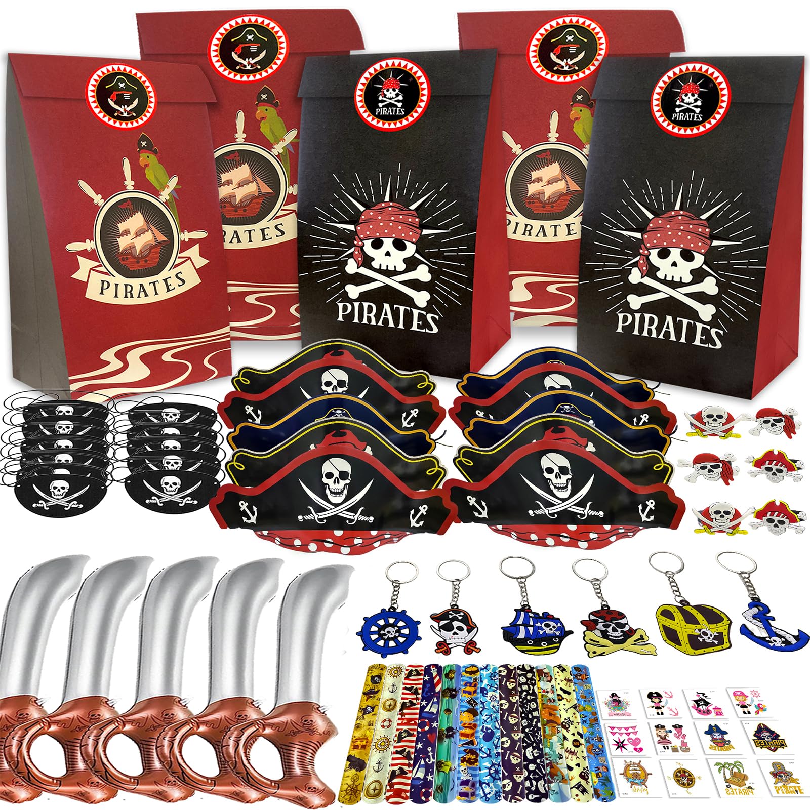 Kit Fête Pirate 92 Pièces - Sacs Cadeaux, Bracelets, Cache-œil, Pièces Or - Anniversaire Enfant Thème Pirate