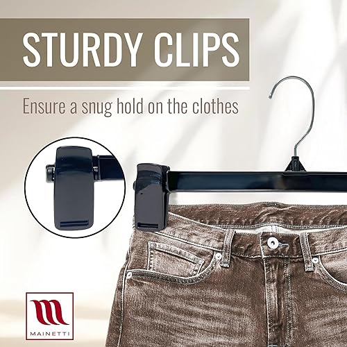 Miniatura 3 de Mainetti 6012 perchas de plástico negro reciclado, paquete de 50 con gancho de metal giratorio y plástico resistente, ideal para pantalones, faldas,