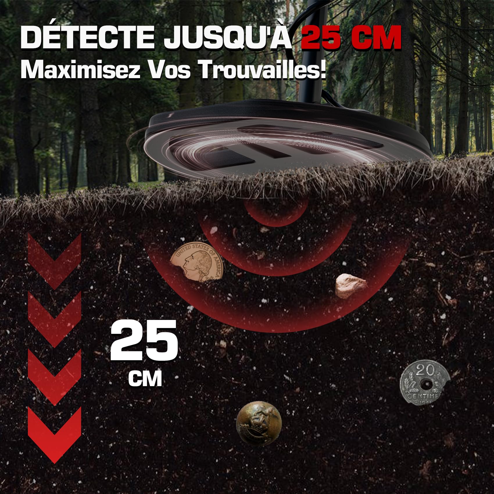 DR.ÖTEK Detecteur de Metaux Professionnel, Détecteur de Métaux Précis et Innovant Équilibrage au Sol, 5 Modes, Bobine Double-D Étanche 12", pour la Recherche d'or sur Plage (MT12-Set Rouge)