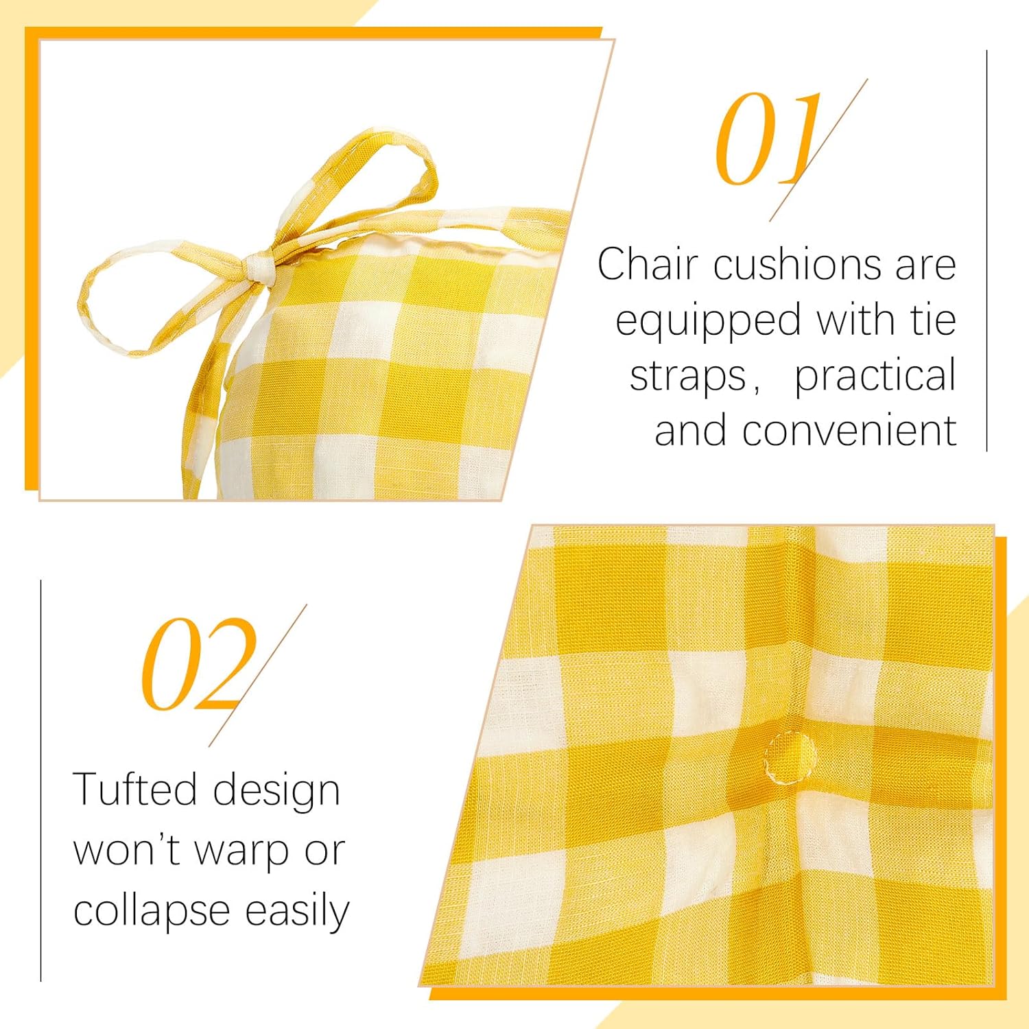 Geetery 4 Pack Chair Cushions for Dining Chairs, 16" x 15" Lemon Yellow Kitchen Chair Cushions with Ties Buffalo Plaid Soft Comfy Seat Pads for Home Office Living Room Outdoor Indoor