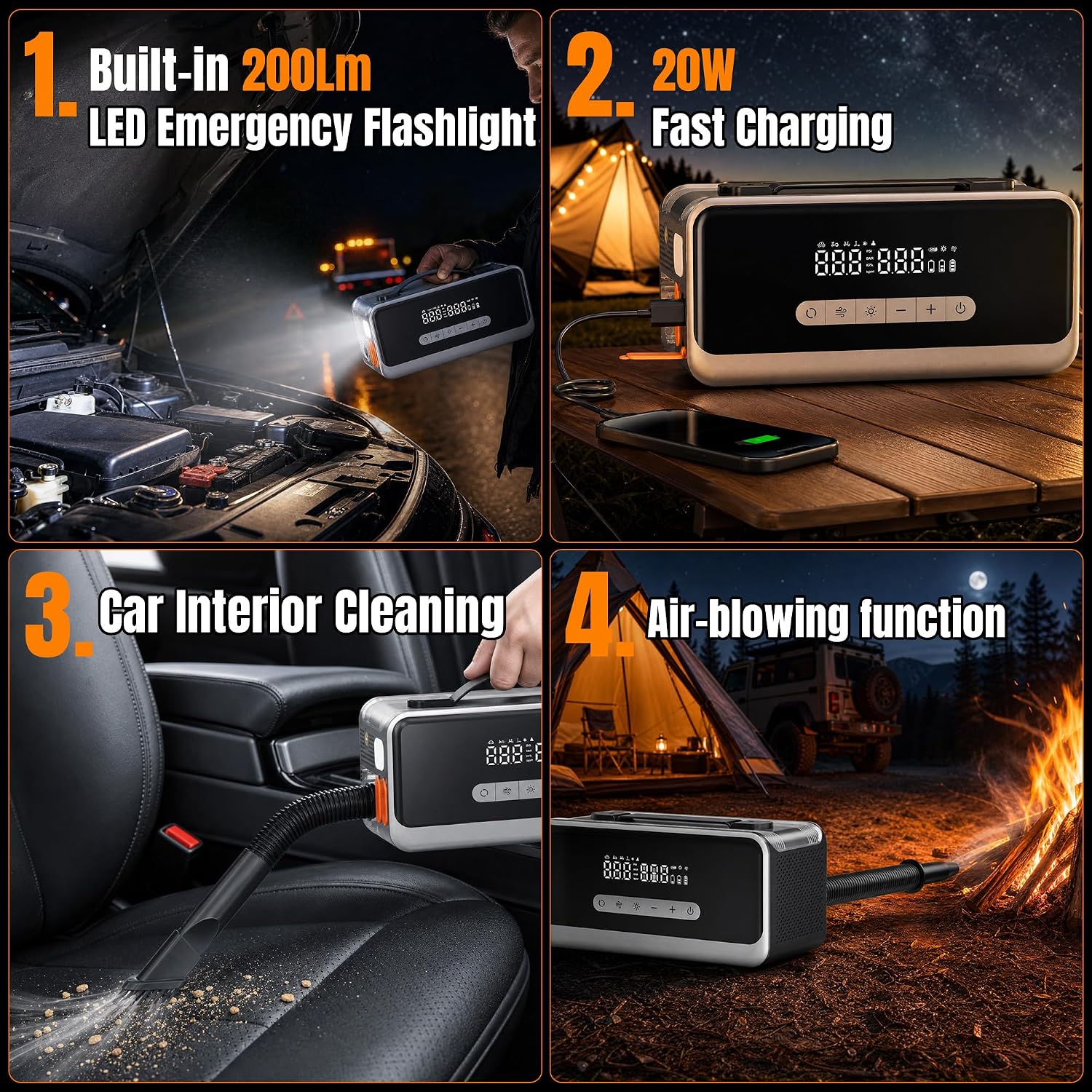 Jump Starter 4000A Peak Portable Car Battery Booster, 12V Lithium Jump Box with LED Light All-in-one for 9L Gas & 8L Diesel Engines