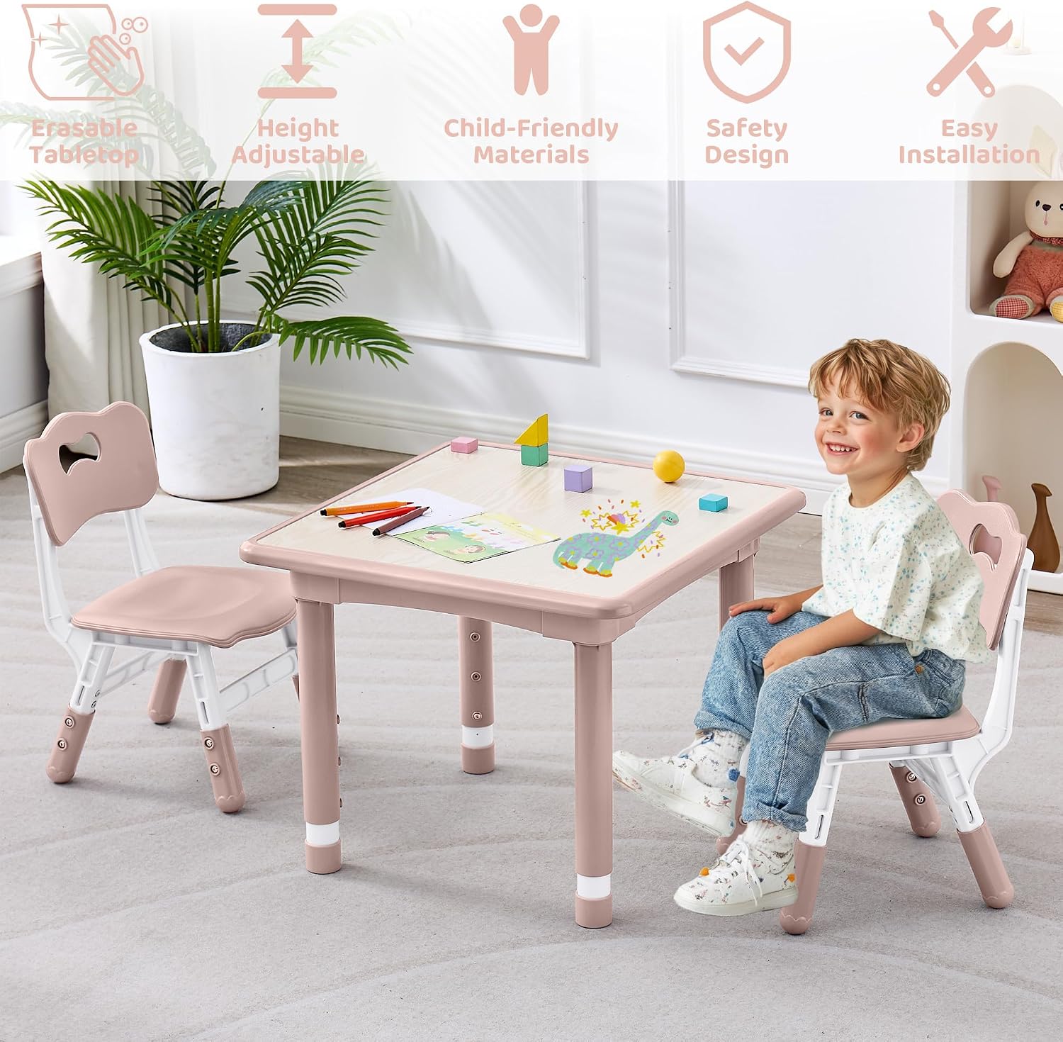 DOREROOM Kids Table and 2 Chairs Set, Height Adjustable (17.7"-26.1") Toddler Table and Chair Set, Multi-Activity Table with Graffiti Desktop, Children’s Table and Chairs for Classroom, Home & Daycare