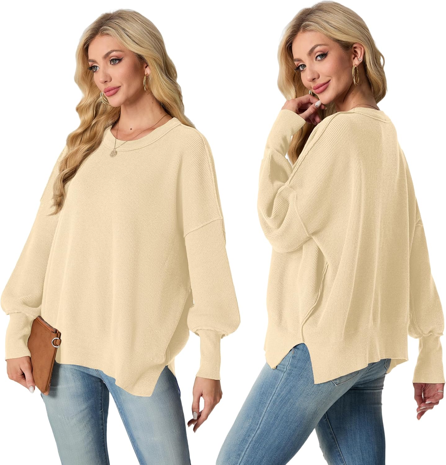 Womens Crewneck Batwing Long Sleeve Sweaters Fall 2025 Oversized Side Slit Ribbed Knit Sweaters Pullover Tops - Image 4