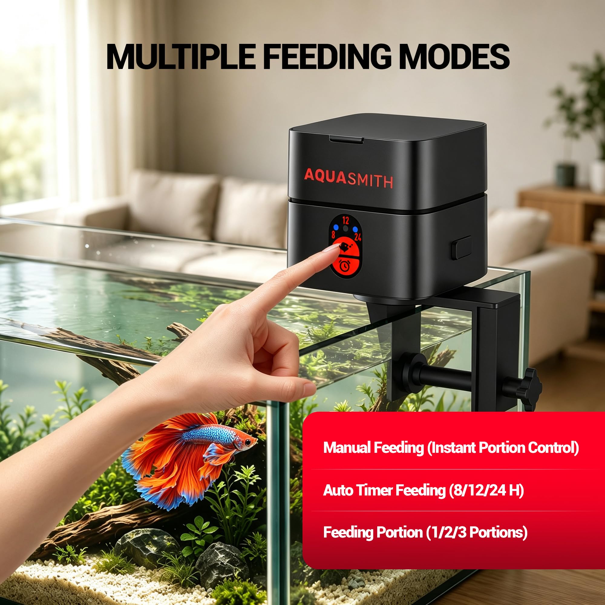 AQUASMITH Distributeur automatique de nourriture pour poissons avec minuterie pour une alimentation précise, capacité de 30 ml pour aquarium Betta de 1/2/5/10 gallons
