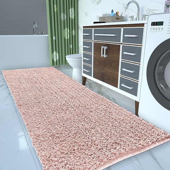 Yimobra Bathroom Runner Rugs 55x24, Non Slip and Absorbent Bath Mat, Super Soft Water Absorbent Hallway Carpet, Machine Washable Rug for Vanity Tub Shower, Light Pink