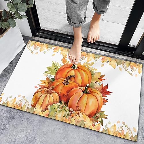 Bath Rugs Entrance Non Slip Front Door Mat Orange Pumpkin Thanksgiving Fall Maple Leaf Watercolor Kitchen Carpets Farm Harvest Floor Mats for