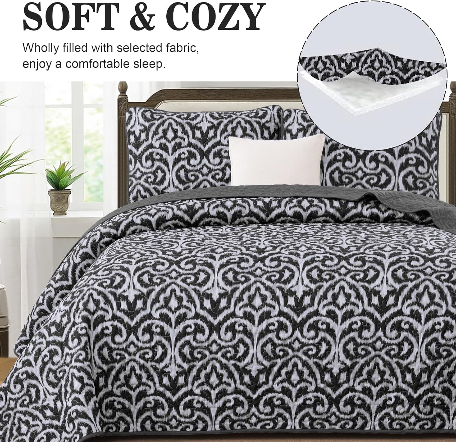 Menghomeus Black Quilt Set King Boho Bedspread Coverlet Set 3 Pieces Lightweight Microfiber Bedding Set with 2 Pillow Shams (King Size, 104"x90")