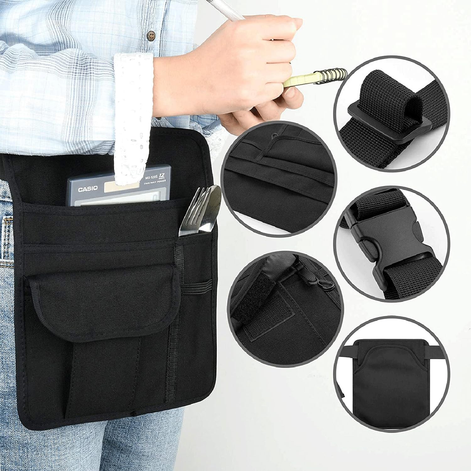Bolsa para delantal de servidor, bolsa de dinero, bolsa de delantal de restaurante con hebilla de cinturón ajustable, soporte para camarera con 2 bolígrafos, Negro -, 10 × 8 inches