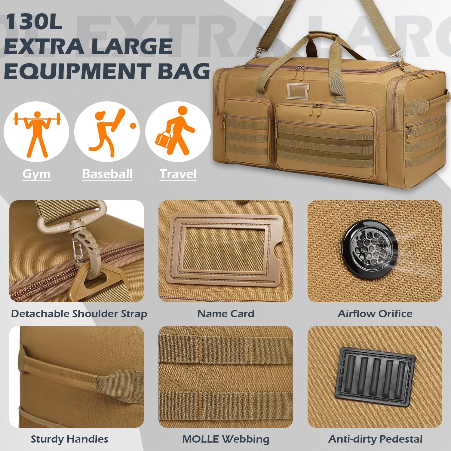 135L Large Duffle Bag, Heavy Duty Duffle Bag for Travel, Extra Large Sports Gym Equipment Bag for Soccer Baseball Basketball Hockey Football, Brown - Image 5