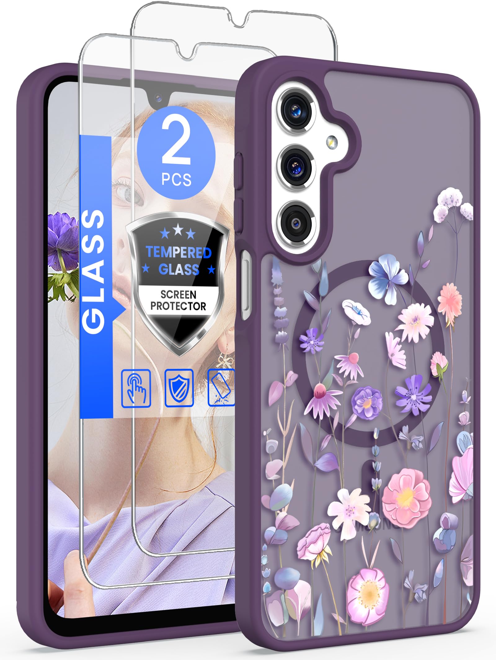 Yucenx for Samsung Galaxy A16 5G Floral Phone Case with 2X Screen Protector, Military Grade Magnetic Translucent Matte Girls Women Flower Pattern