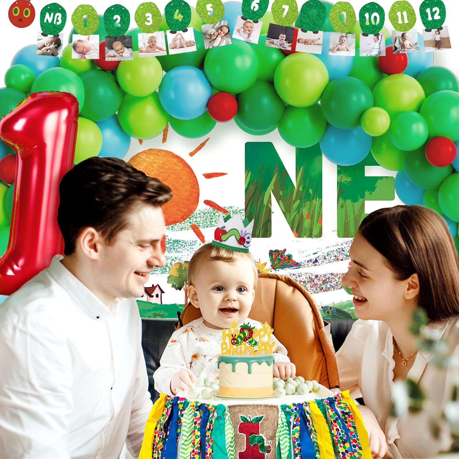 Green Caterpillar 1st Birthday Decorations, Fruit Theme Decorations – Backdrop Number One Balloon Highchair Banner Box Crown, Very Cartoon Hungry Little Caterpillar for First Birthday Party