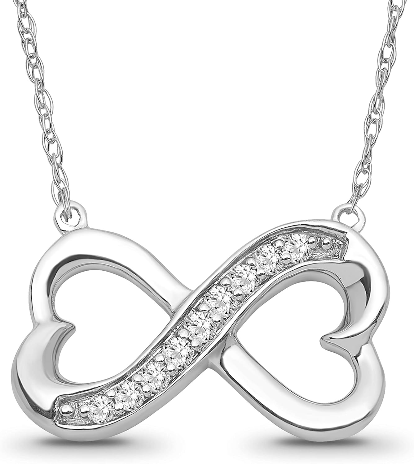 925 Sterling Silver Round-shape Diamond Double Heart Infinity Pendant Rope Chain Necklace (1/10 cttw, I-J Color, I2-I3 Clarity) 18"