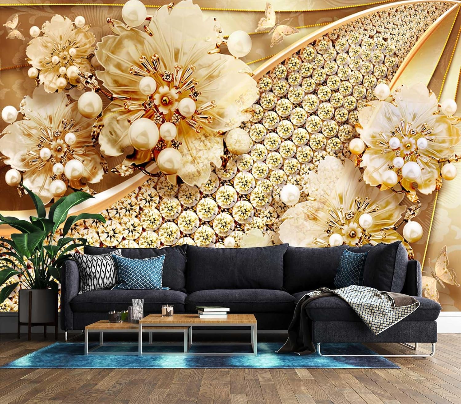 Cliouar-Golden Butterflies and Jewels wall Mural wallpaper-103 x 69"(Not Peel and Stick)
