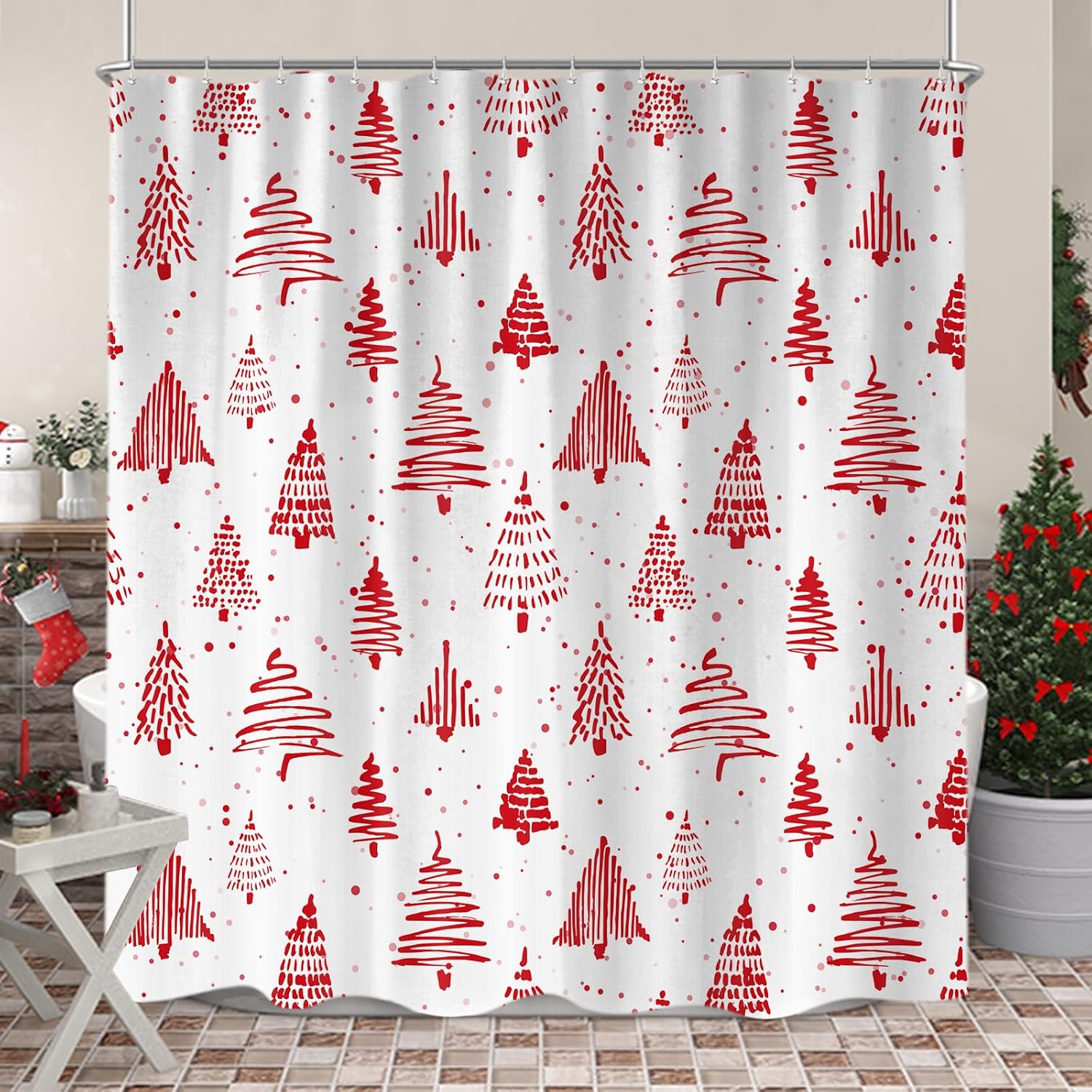 Sanzugh Red Christmas Tree Shower Curtain, Cute Xmas Pine Forest White Fabric Shower