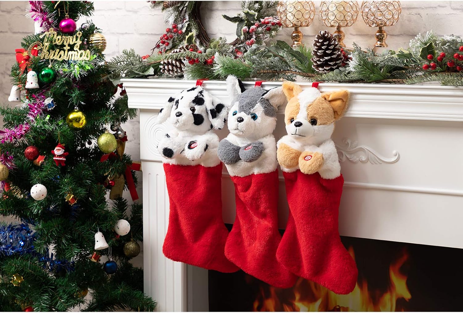 HollyHOME Christmas Stockings Animated Husky Puppy Plush Head Stockings with Music and Flapping Ears Hanging Xmas Decoration Gift Socks Ornament 19 Inch