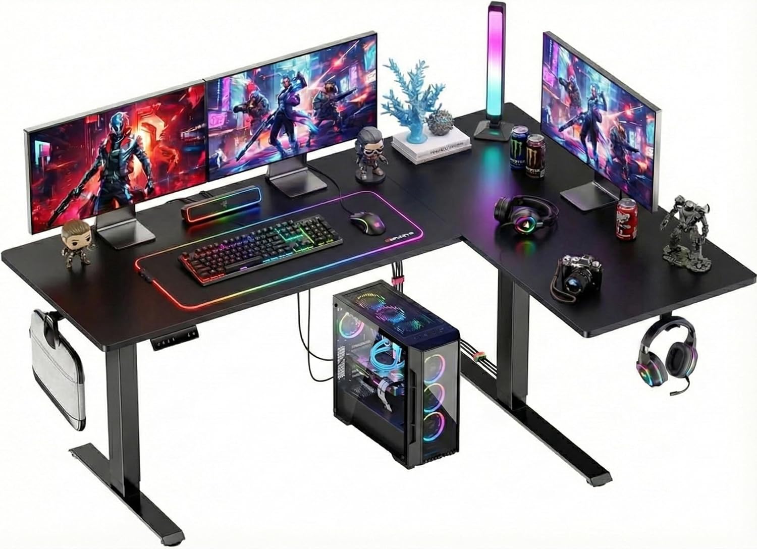 HUANUO 71x48 Inch L-Shaped Dual Motor Standing Gaming Desk, Electric Corner Adjustable Desk with Cable Tray & 3 Presets, Black
