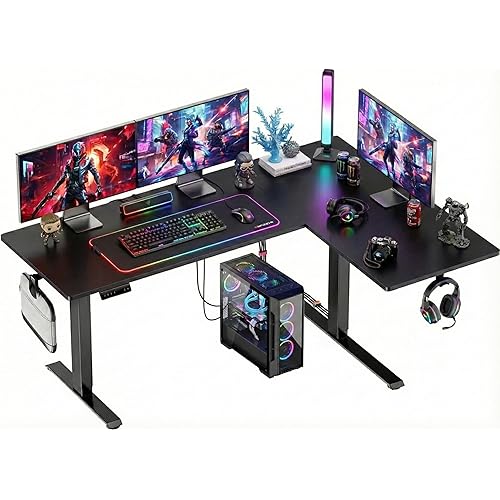 HUANUO Dual Motor L-Shaped Standing Gaming Desk, 71 x 48 inch Corner Standing Desk, Electric Adjustable Gamer Computer Table with Cable Tray & 3 Preset Heights, Raising Table for Home Office, Black