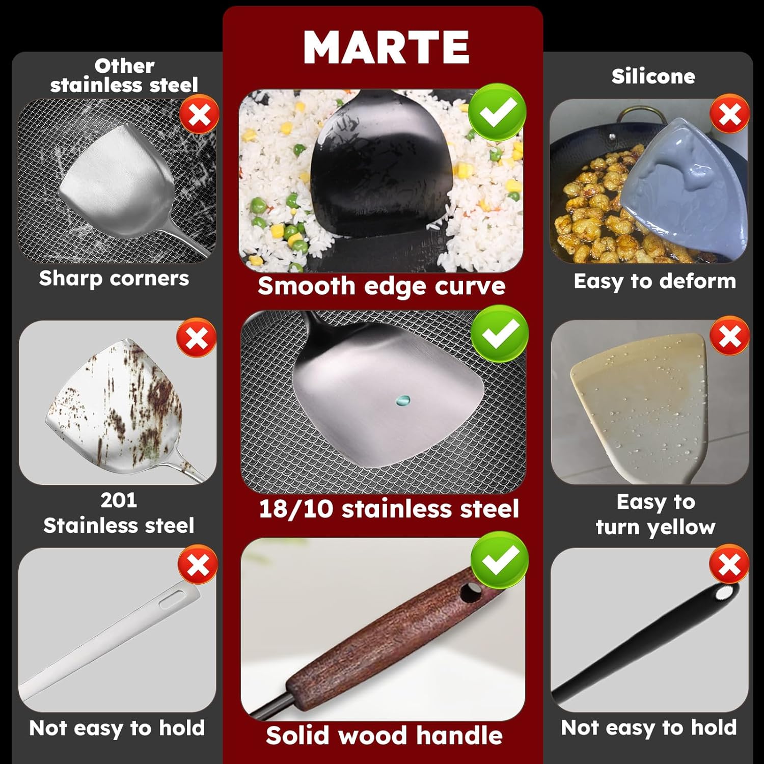 MARTE 15" Wok Spatula Turner and Ladle,Skimmer Spoon Tool Set - 18/10 Stainless Steel Vintage Cooking Utensils Set - Set of 4 High Grade Titanium Plating Kitchen Wok Utensils with Solid Wooden Handle