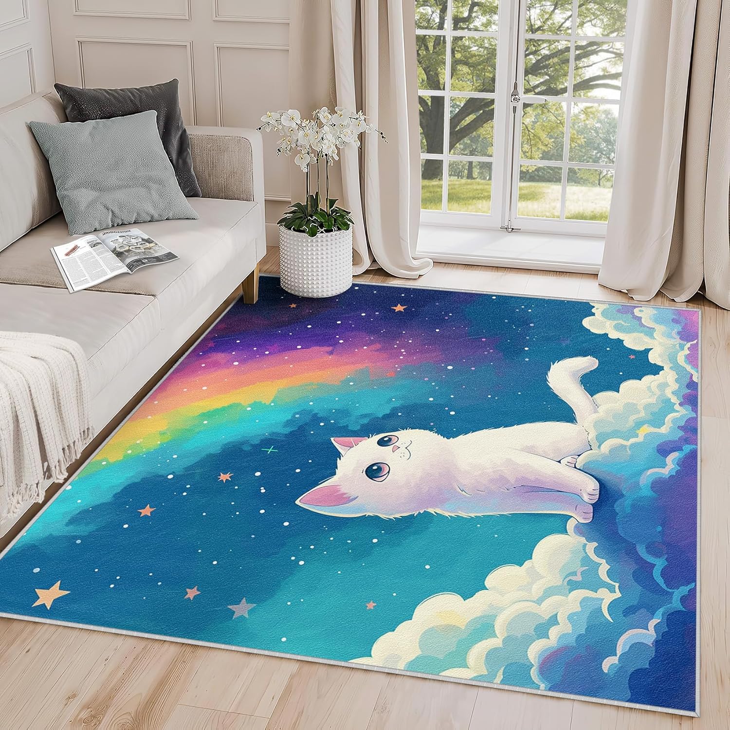 Cat Rugs Room Decor - Cat Rug, 2x3 Rug, Cute Kitten Rainbow Starry Sky Area Rug, Fantasy Kawaii Animal Door Mat, Washable & Non Slip & Soft Small Carpet, Cat Home Decor