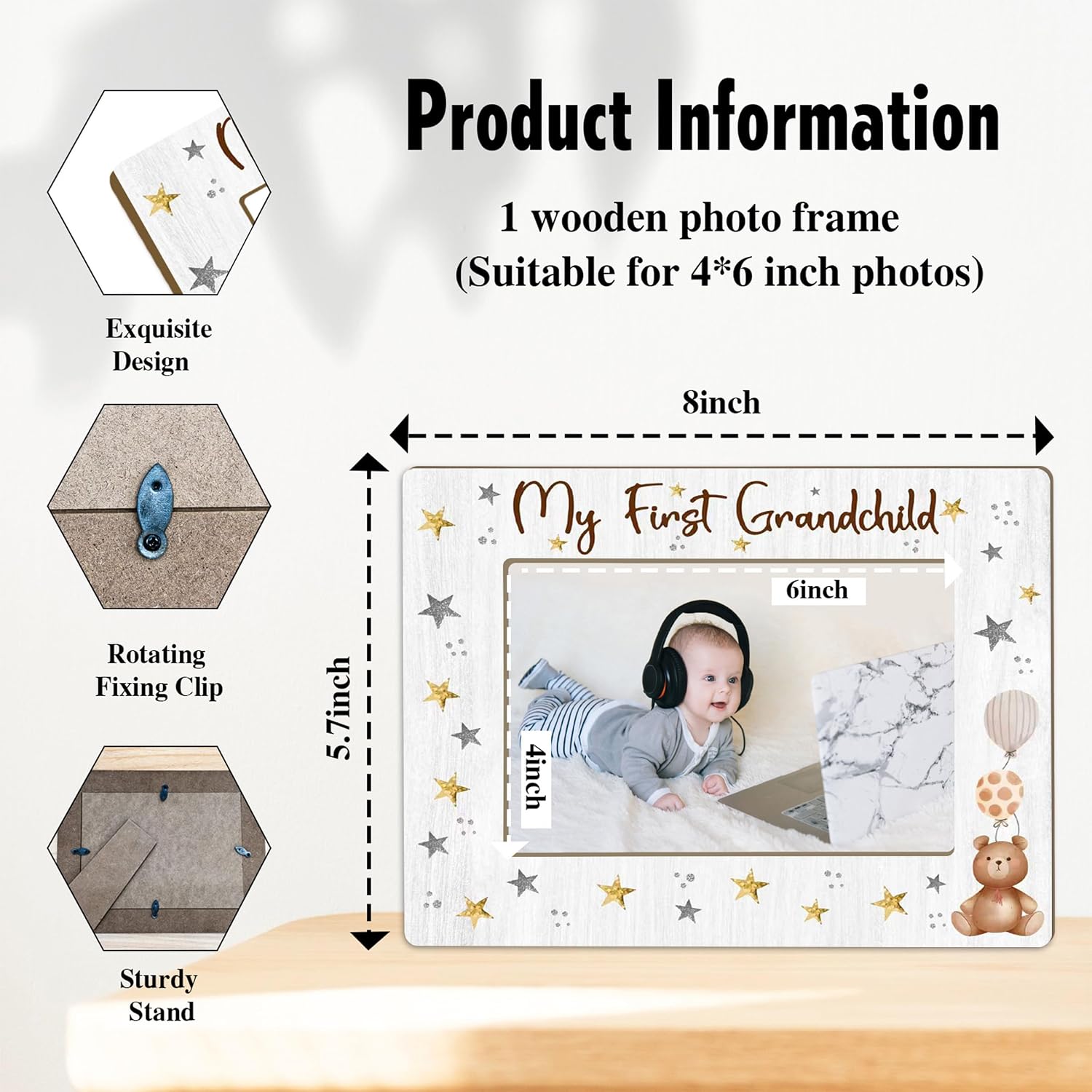 My First Grandchild Picture Frame, Grandkids Wooden Photo Frame with Wooden Stand, Love Gifts for Grandma Nana, Newborn Baby Gift for Grandparents, Home Office Tabletop Display Decorations image 2