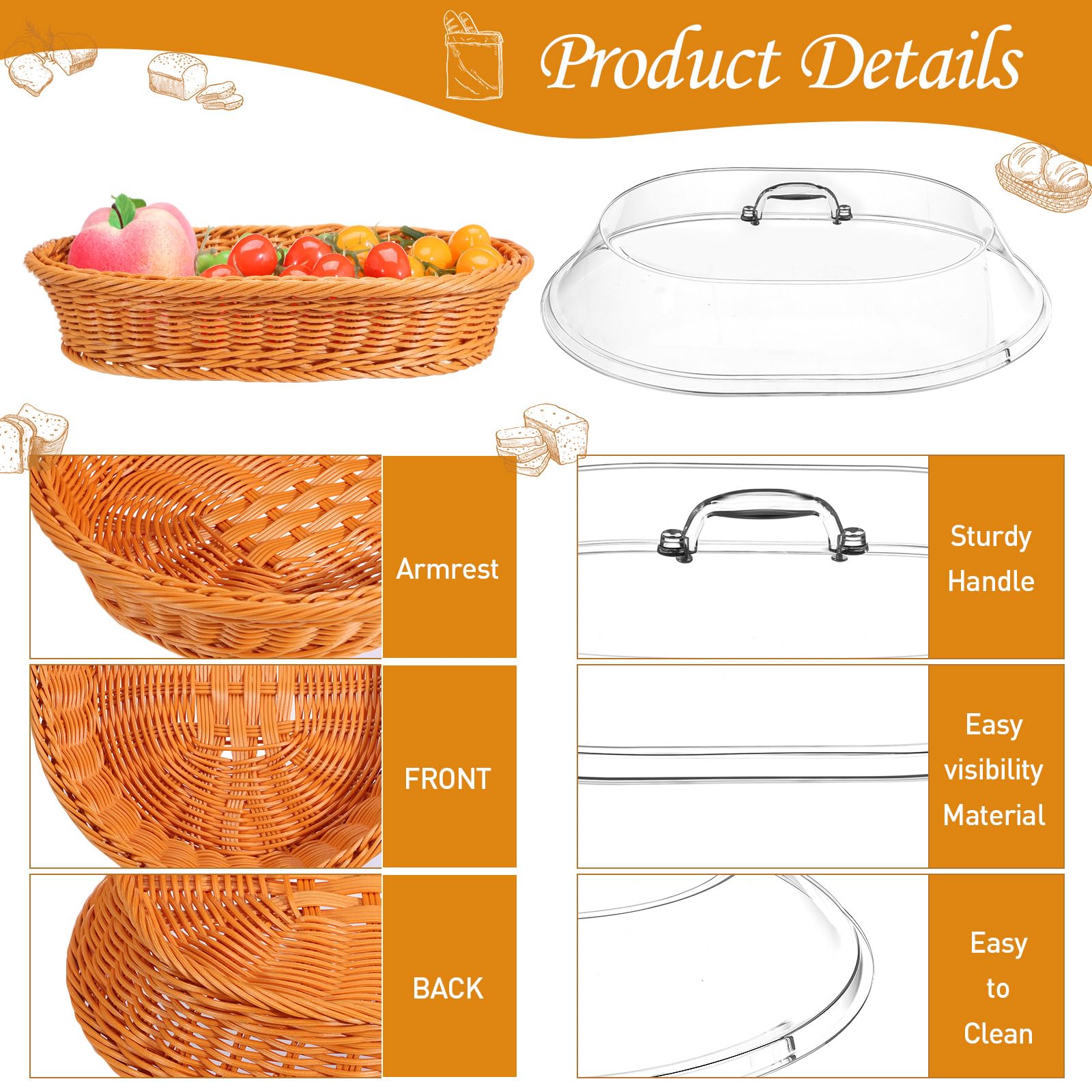 Hushee Juego de 2 cestas de pan de ratán de imitación con tapa, cestas de pan de mimbre para servir cesta de frutas tejida con cubierta, cestas ovaladas para alimentos para verduras, restaurantes