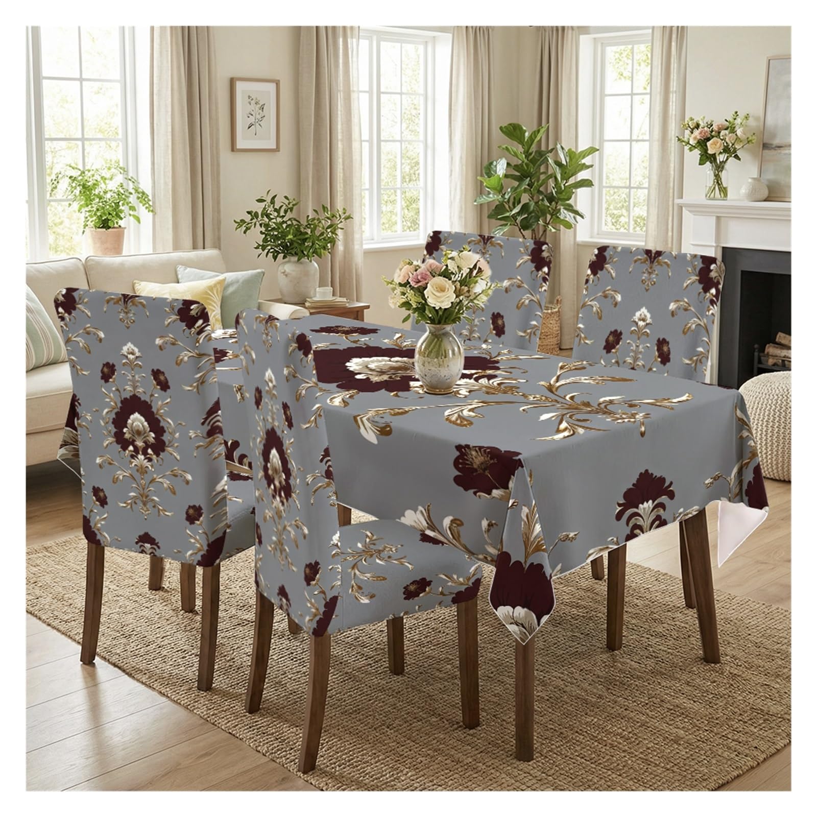 Set housses chaise extensibles et nappe motif floral damas chic pour réception haut de gamme