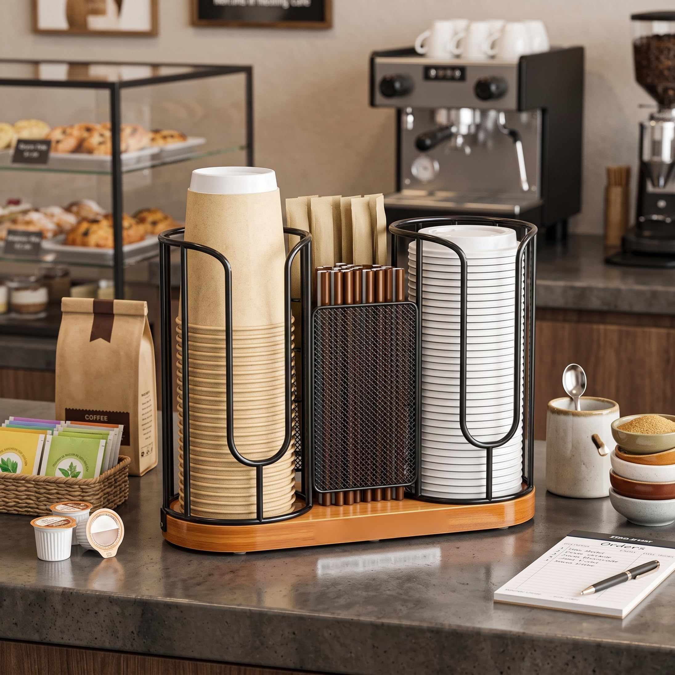 Dispenser per tazze da banco, coperchio con base in legno naturale a 3 scomparti, compatto