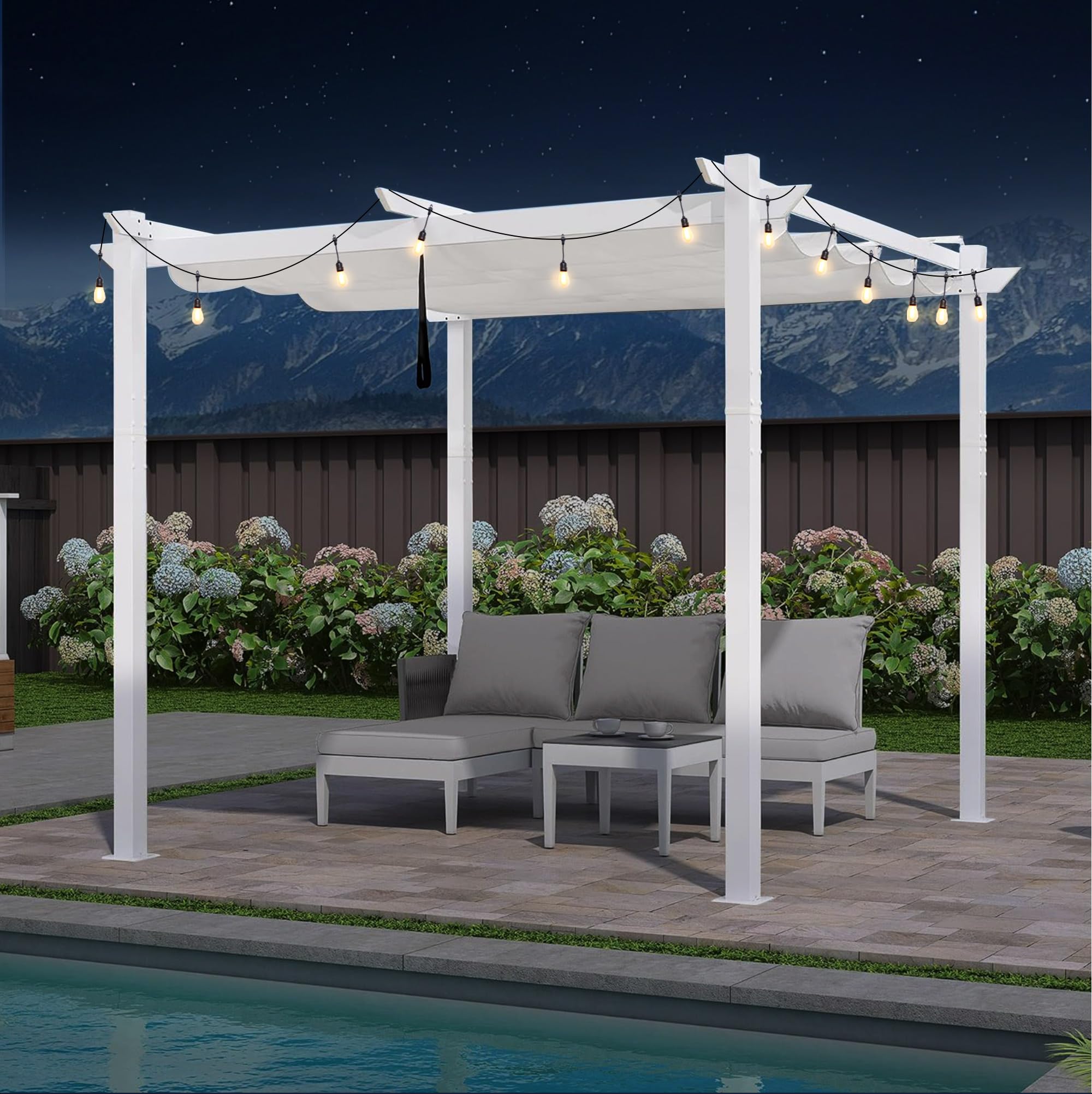 PURPLE LEAF 10' x 10' Outdoor Aluminum Pergola White Heavy-Duty Retractable Pergolas Patio Metal Pergola with Double Sun Shade Canopy and String Lights for Backyard Gardens Deck, White