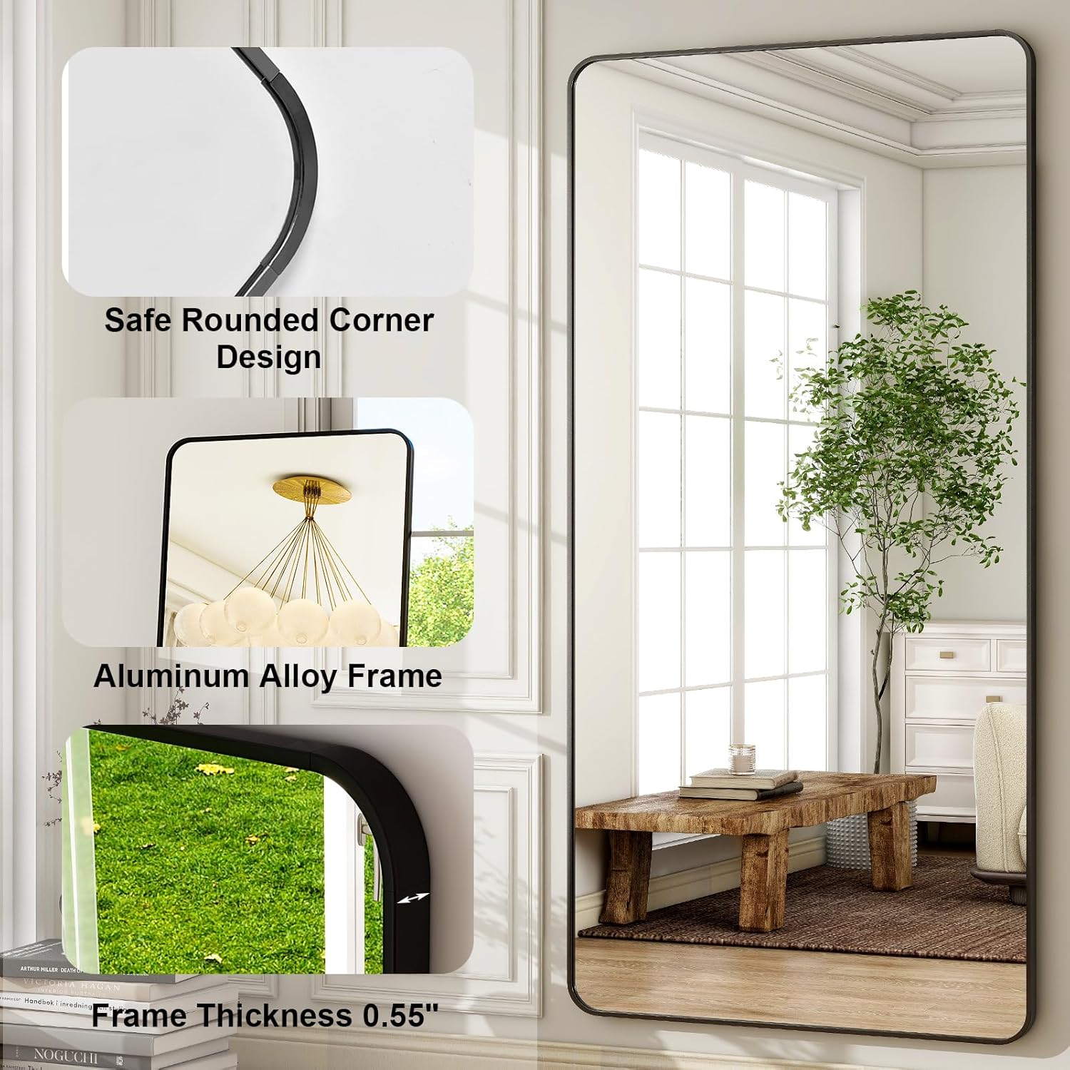HARRITPURE 80"x40" Oversized Full Length Mirror - Rectangular Black Aluminum Frame Floor Mirror with Stand for Bedroom, Living Room, Cloakroom, Full Body Reflection