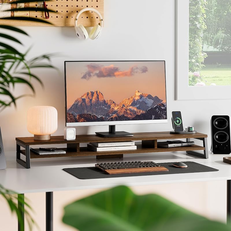 Fenge 108 cm-es Dupla Monitor Állvány - Ergonomikus PC/Laptop/Nyomtató Tartó, 45 kg Teherbírás, 2 Szintes Íróasztal Szervező, Barna