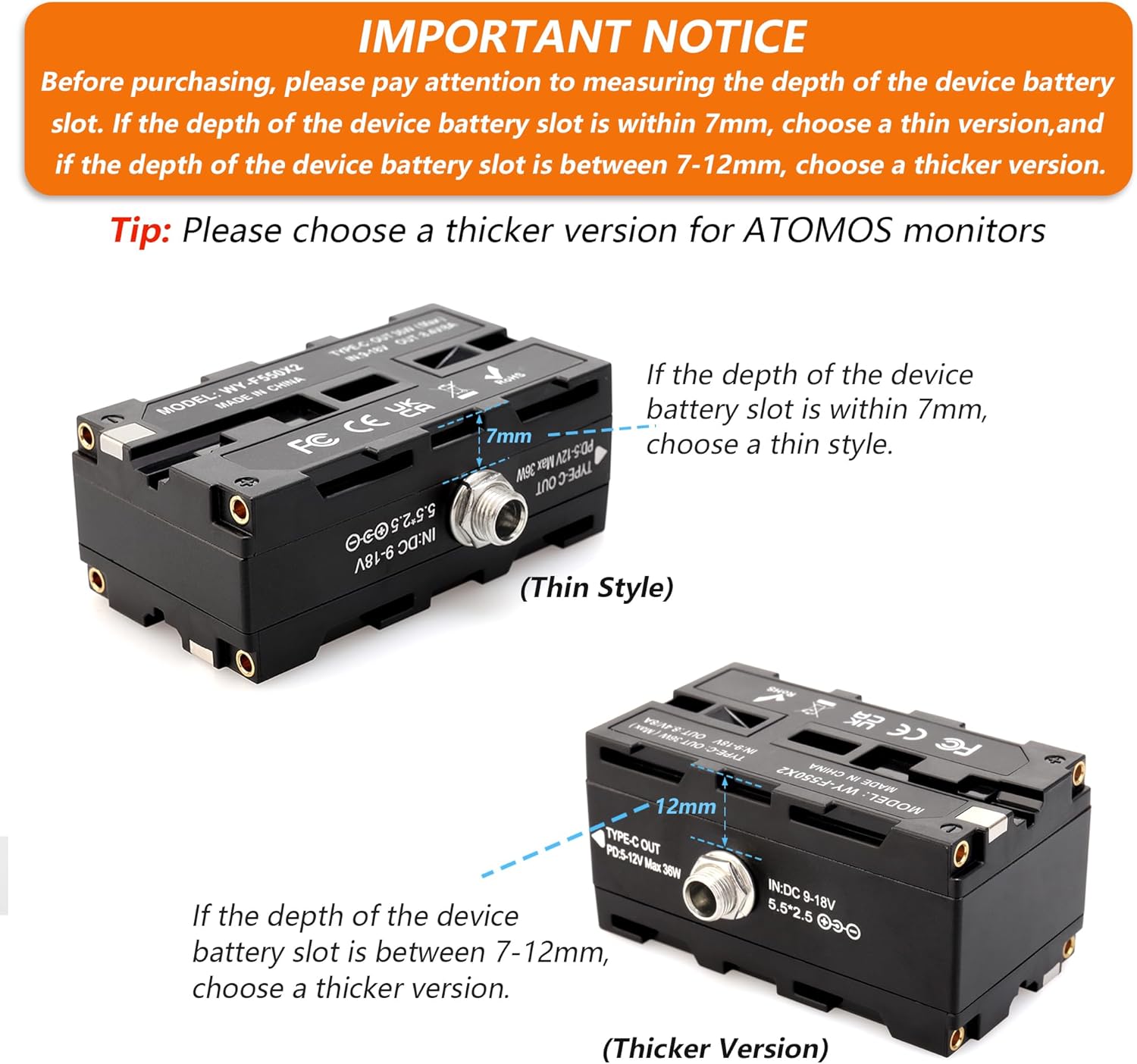 D-Tap to Double-Sided NP-F550/970/570/770 Dummy Battery Power Adapter Compatible for LED Light, Feelworld,Atomos Ninja/Shinobi Monitor, Hollyland Wireless Video Transmission(Thicker Version)